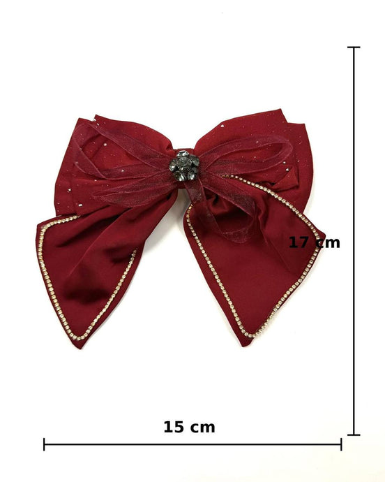 Burgundy Satin Bow Hair Clip with Sheer Overlay & Crystal Center