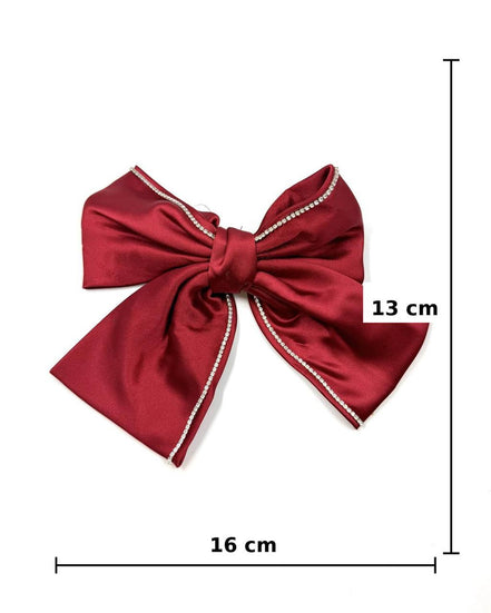 Burgundy Satin Bow Hair Clip with Rhinestone Trim