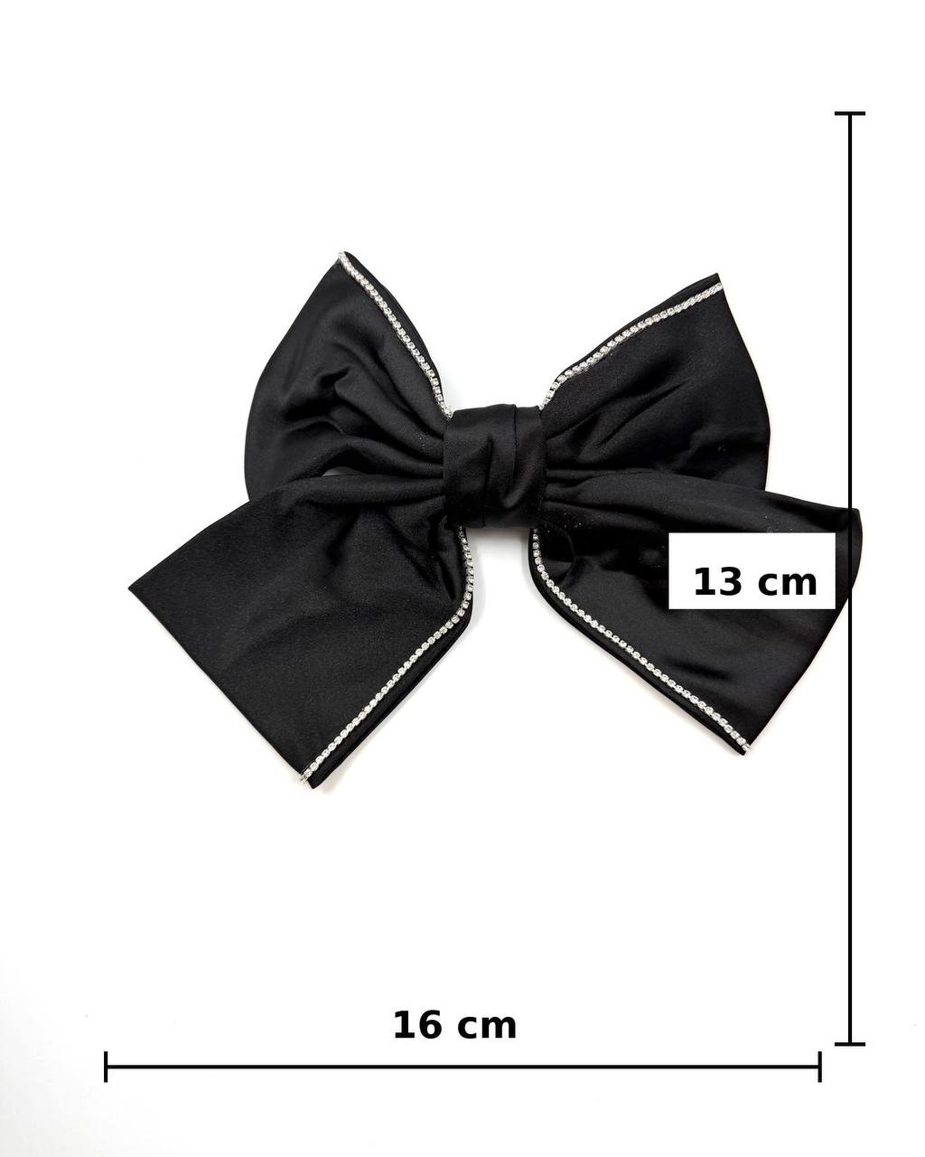 Black Satin Bow Hair Clip with Rhinestone Trim