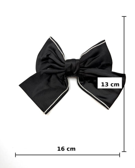 Black Satin Bow Hair Clip with Rhinestone Trim