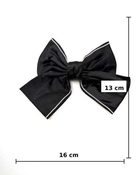 Black Satin Bow Hair Clip with Rhinestone Trim