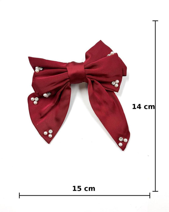 Burgundy Satin Bow Hair Clip with Pearl & Crystal Embellishments
