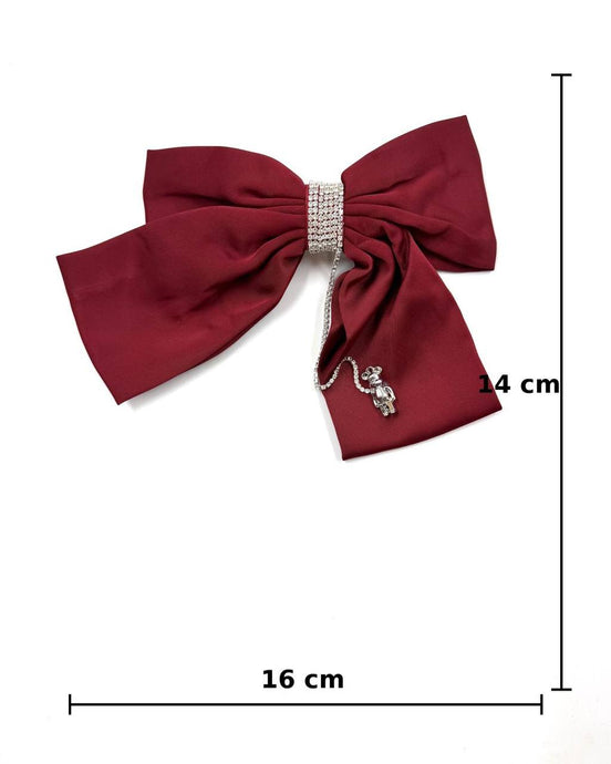 Luxury Red Satin Bow Hair Clip with Crystal & Charm Detail
