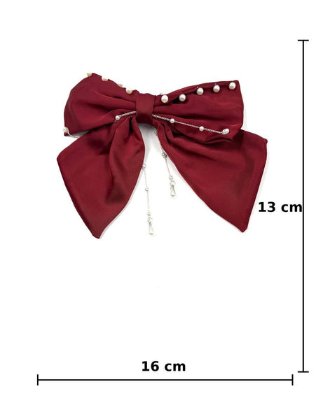 Bordo Saten Fiyonklu İnci Detaylı Toka