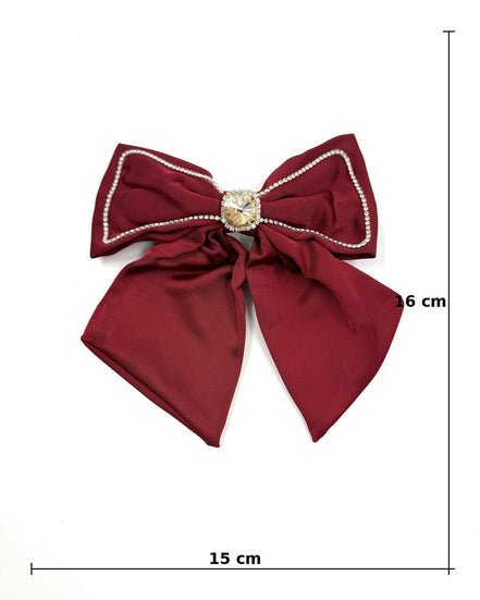 Burgundy Satin Bow Hair Clip with Crystal Center