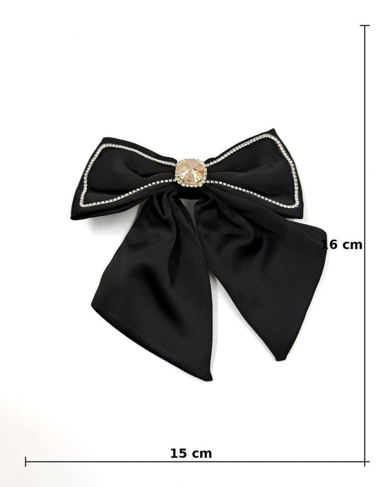 Black Satin Bow Hair Clip with Crystal Center Detail
