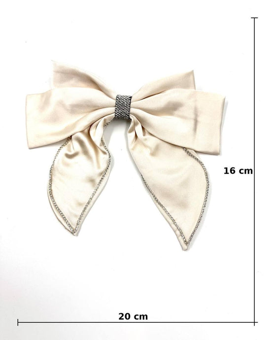 Elegant Satin Bow Hair Clip with Rhinestone Detail – Cream