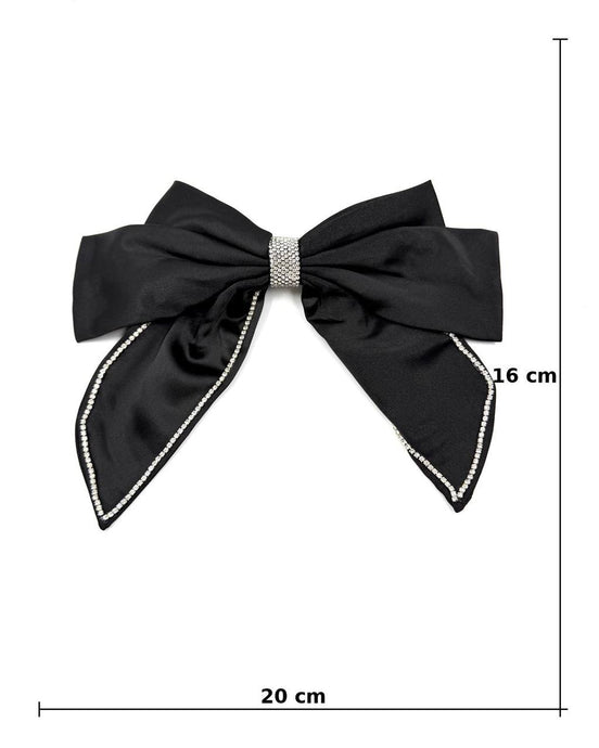 Elegant Black Satin Bow Hair Clip with Crystal Trim