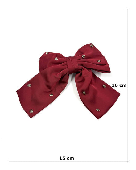 Burgundy Satin Bow Hair Clip with Crystal Embellishments