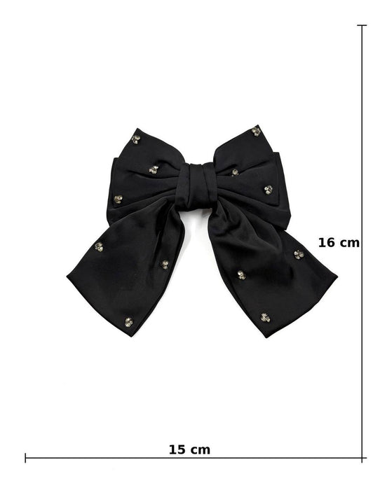 Black Satin Bow Hair Clip with Crystal Embellishments