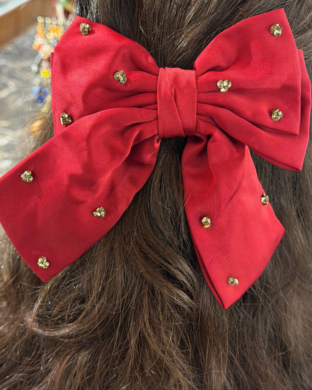 Burgundy Satin Bow Hair Clip with Crystal Embellishments