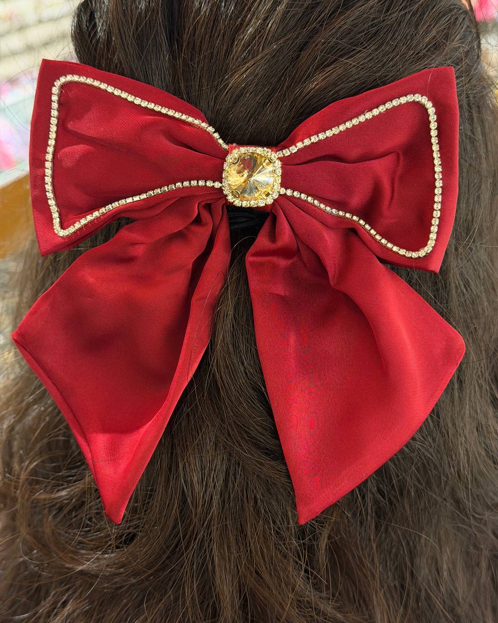 Burgundy Satin Bow Hair Clip with Crystal Center