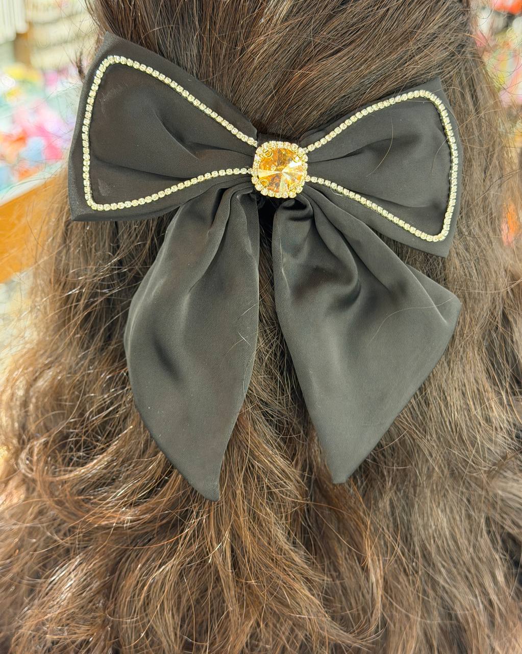 Black Satin Bow Hair Clip with Crystal Center Detail