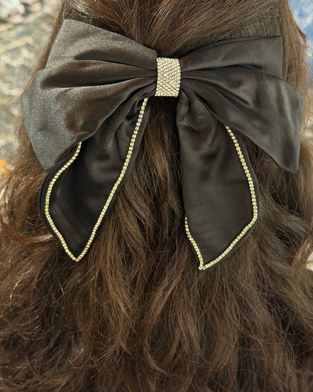 Elegant Black Satin Bow Hair Clip with Crystal Trim