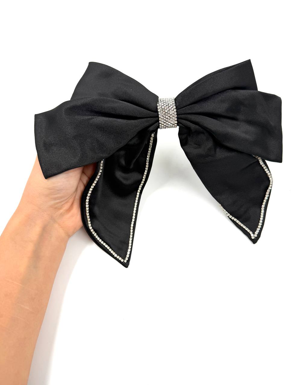Elegant Black Satin Bow Hair Clip with Crystal Trim