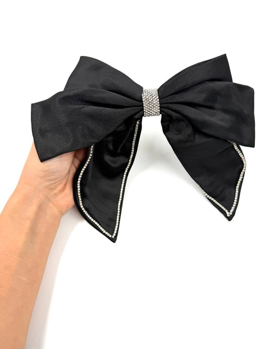 Elegant Black Satin Bow Hair Clip with Crystal Trim