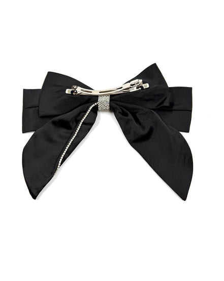 Elegant Black Satin Bow Hair Clip with Crystal Trim