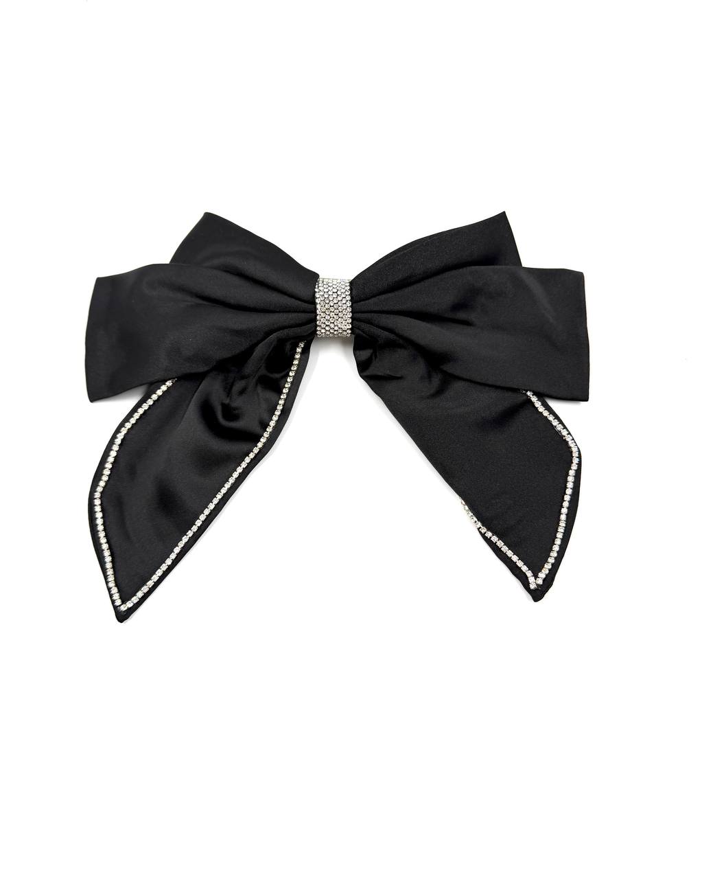 Elegant Black Satin Bow Hair Clip with Crystal Trim