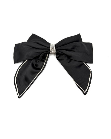 Elegant Black Satin Bow Hair Clip with Crystal Trim