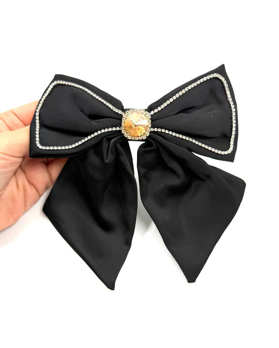 Black Satin Bow Hair Clip with Crystal Center Detail