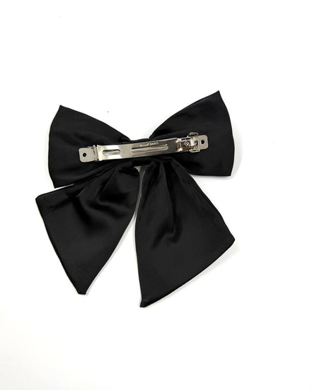 Black Satin Bow Hair Clip with Crystal Center Detail
