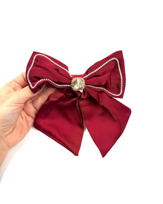 Burgundy Satin Bow Hair Clip with Crystal Center