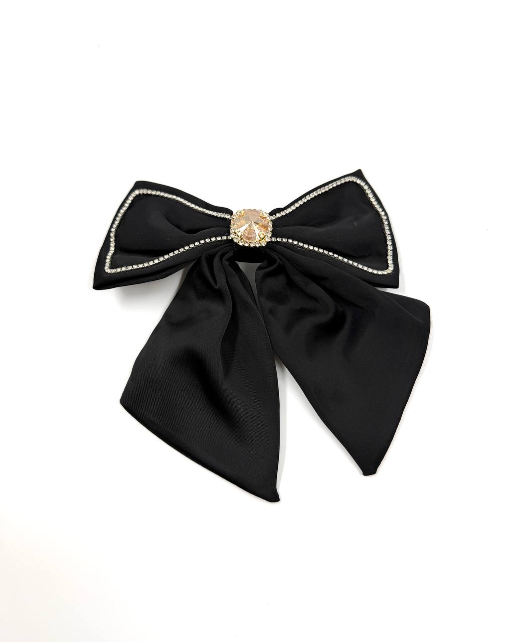 Black Satin Bow Hair Clip with Crystal Center Detail
