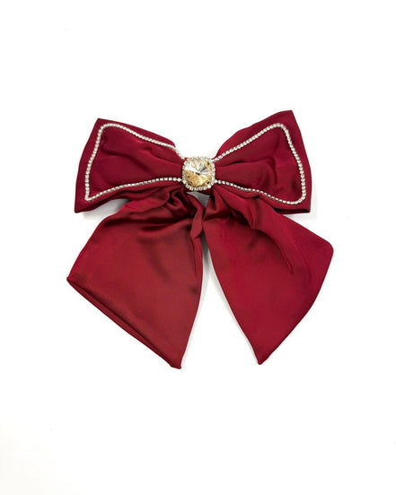 Burgundy Satin Bow Hair Clip with Crystal Center