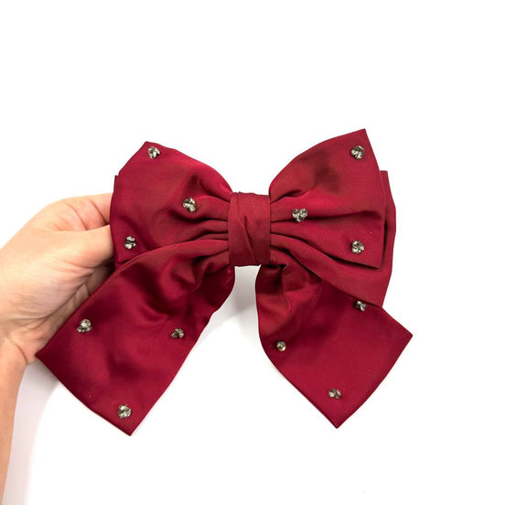 Bordo Saten Fiyonklu Kristal Taşlı  Tokası