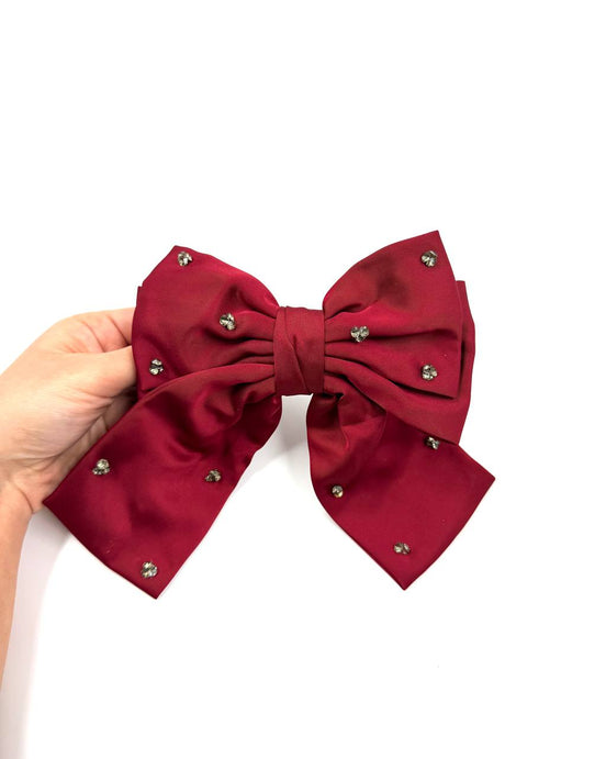 Burgundy Satin Bow Hair Clip with Crystal Embellishments