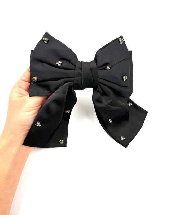 Black Satin Bow Hair Clip with Crystal Embellishments