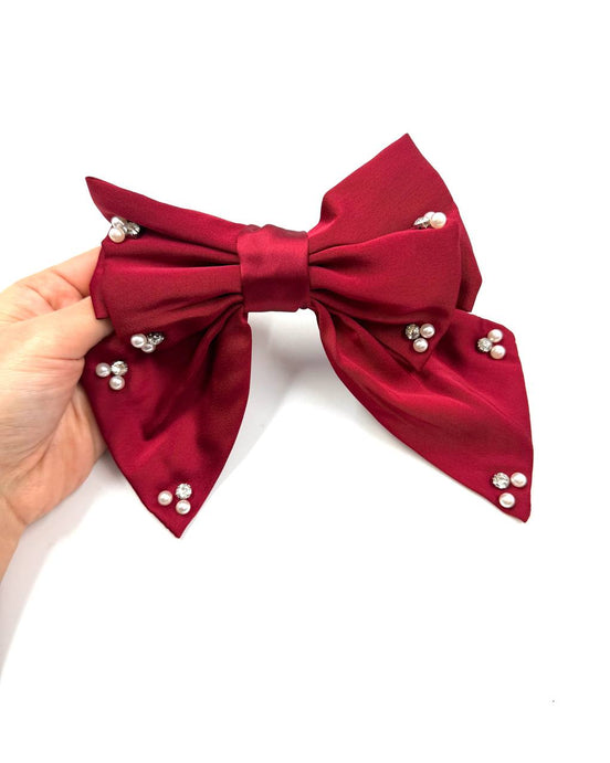 Burgundy Satin Bow Hair Clip with Pearl & Crystal Embellishments