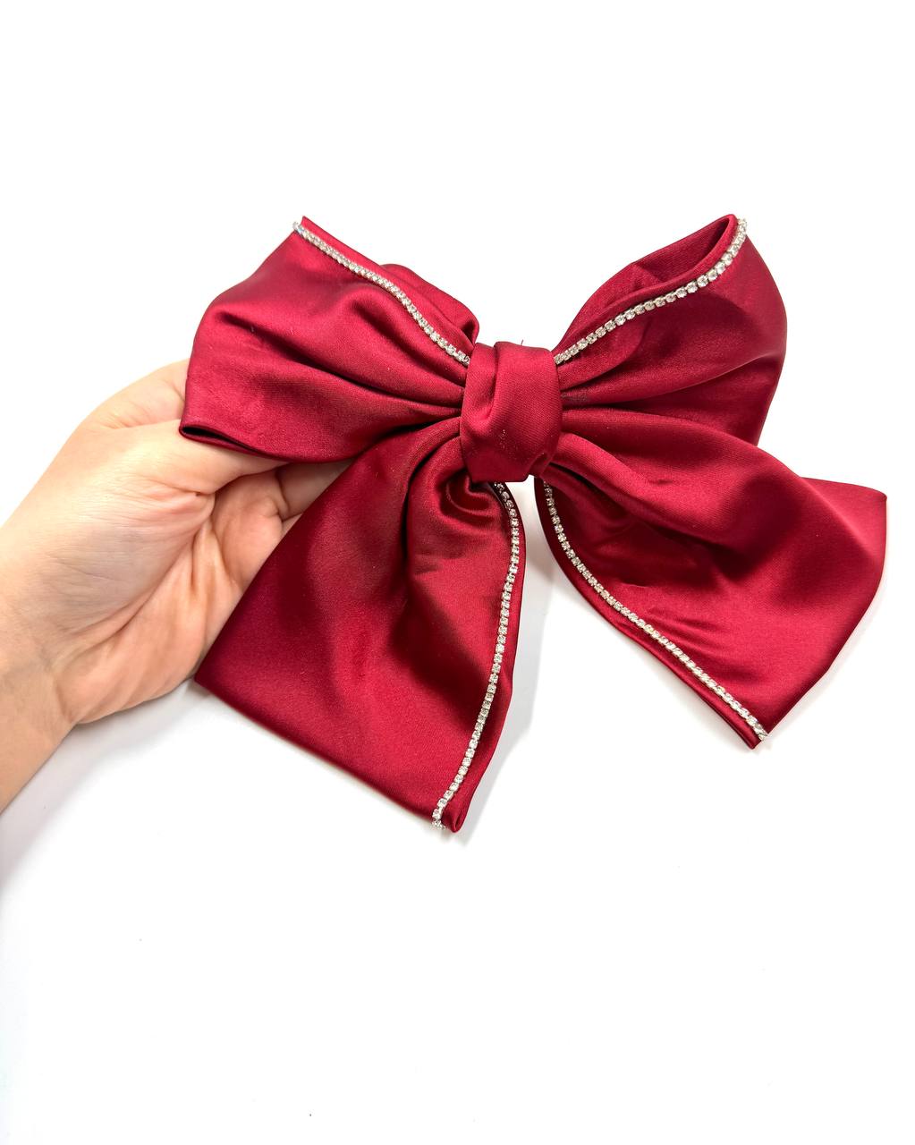 Burgundy Satin Bow Hair Clip with Rhinestone Trim