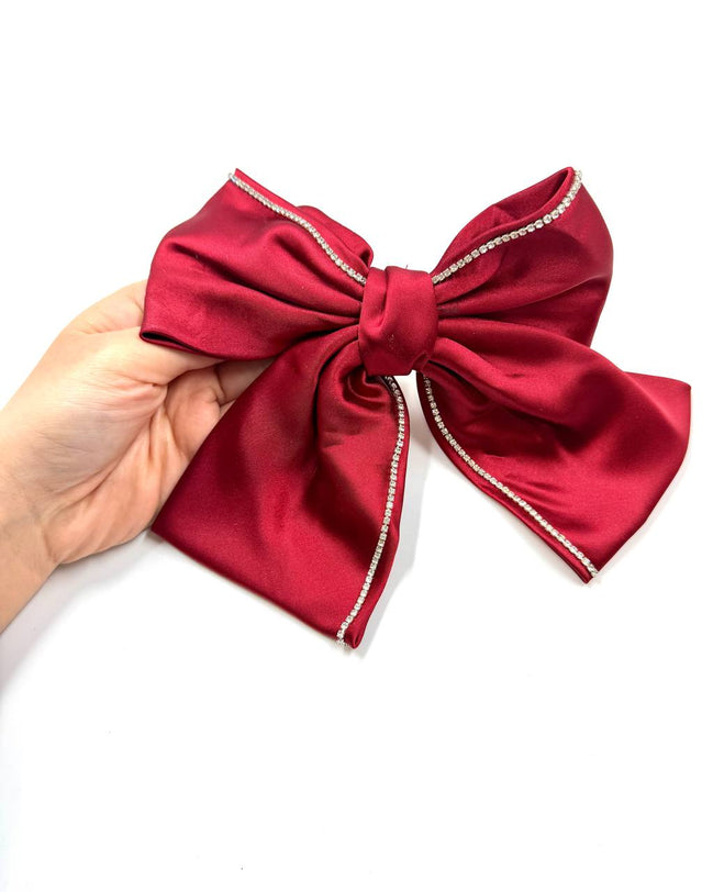 Burgundy Satin Bow Hair Clip with Rhinestone Trim