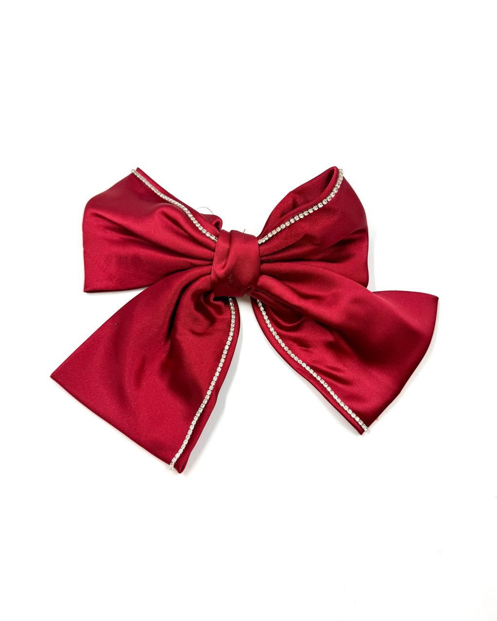 Burgundy Satin Bow Hair Clip with Rhinestone Trim