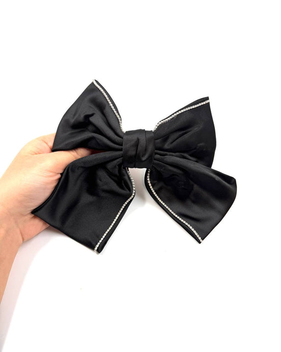 Black Satin Bow Hair Clip with Rhinestone Trim