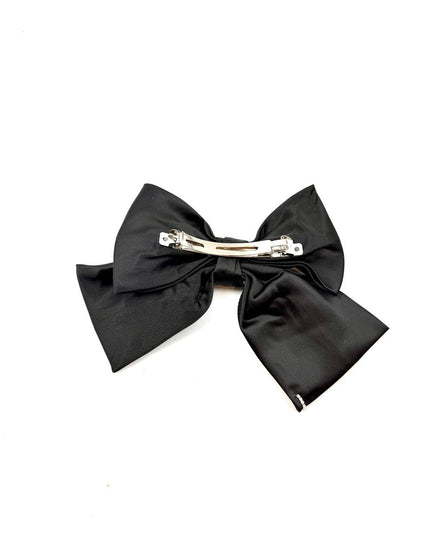 Black Satin Bow Hair Clip with Rhinestone Trim