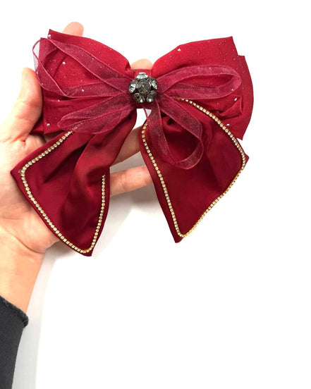 Burgundy Satin Bow Hair Clip with Sheer Overlay & Crystal Center