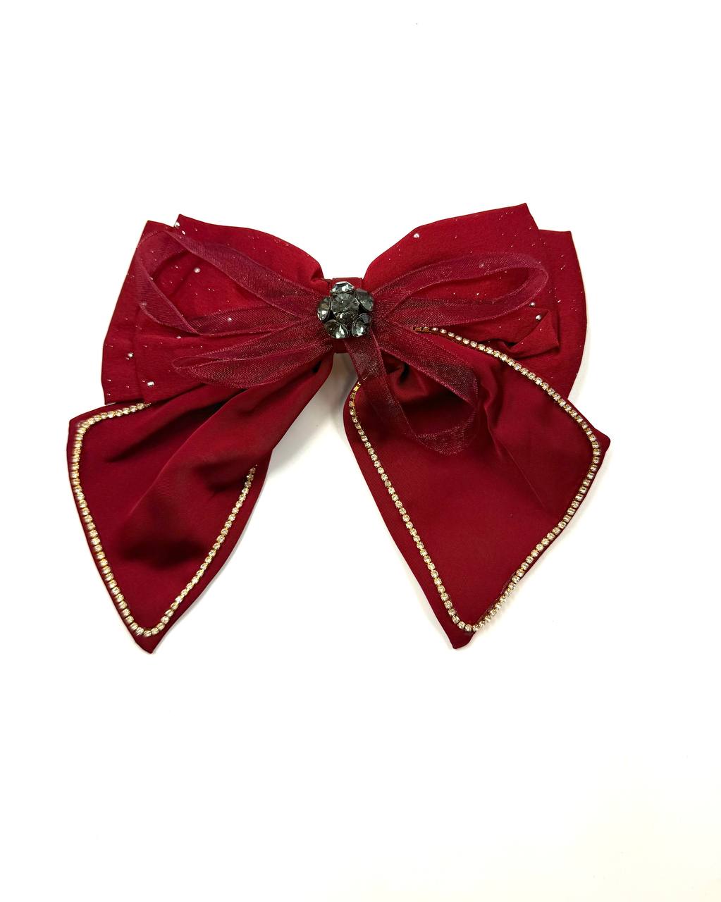 Burgundy Satin Bow Hair Clip with Sheer Overlay & Crystal Center
