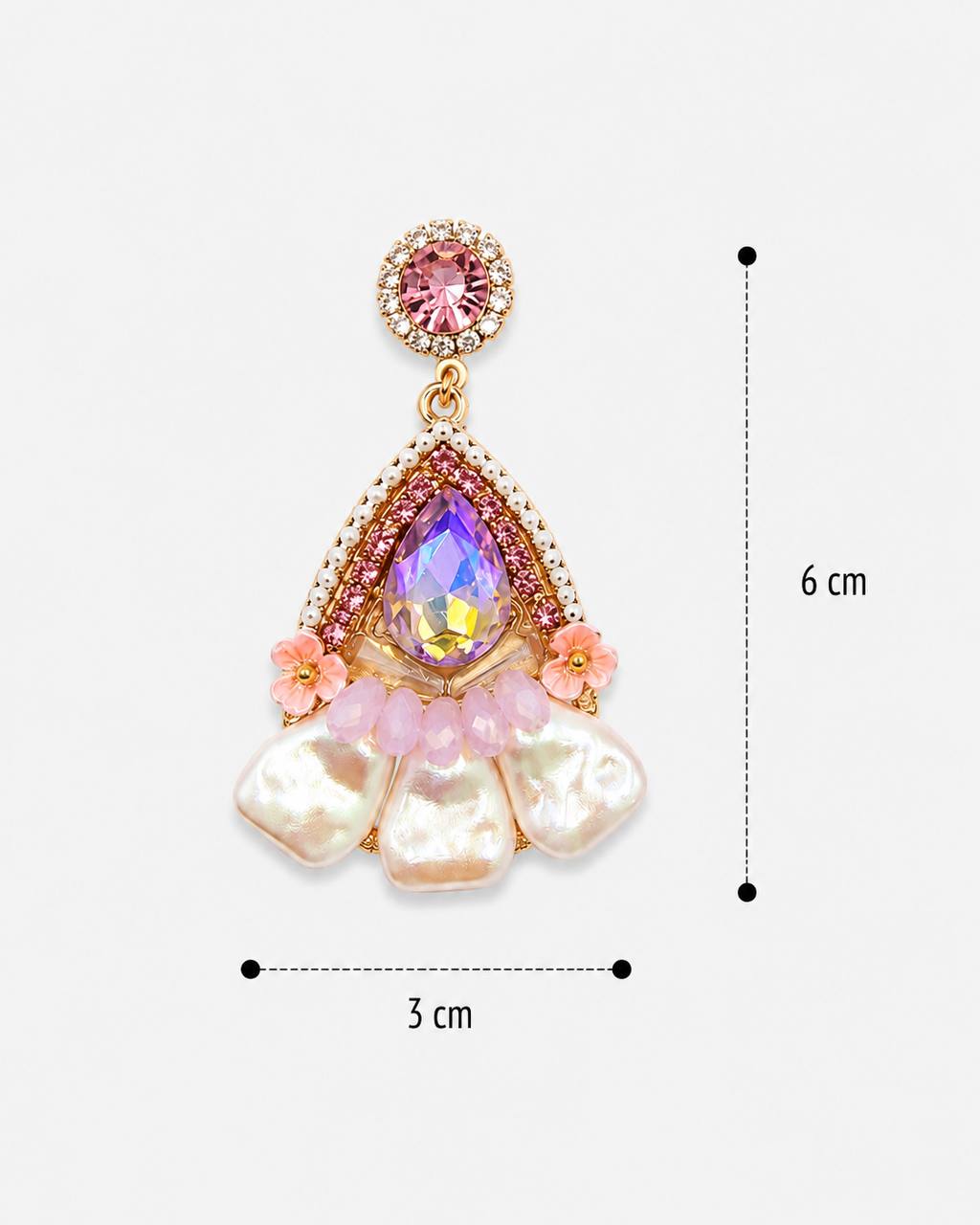 Pembe Kristal Taşlı İnci Detaylı Sallantılı Küpe