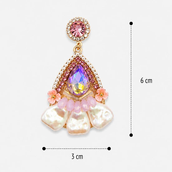 Pembe Kristal Taşlı İnci Detaylı Sallantılı Küpe