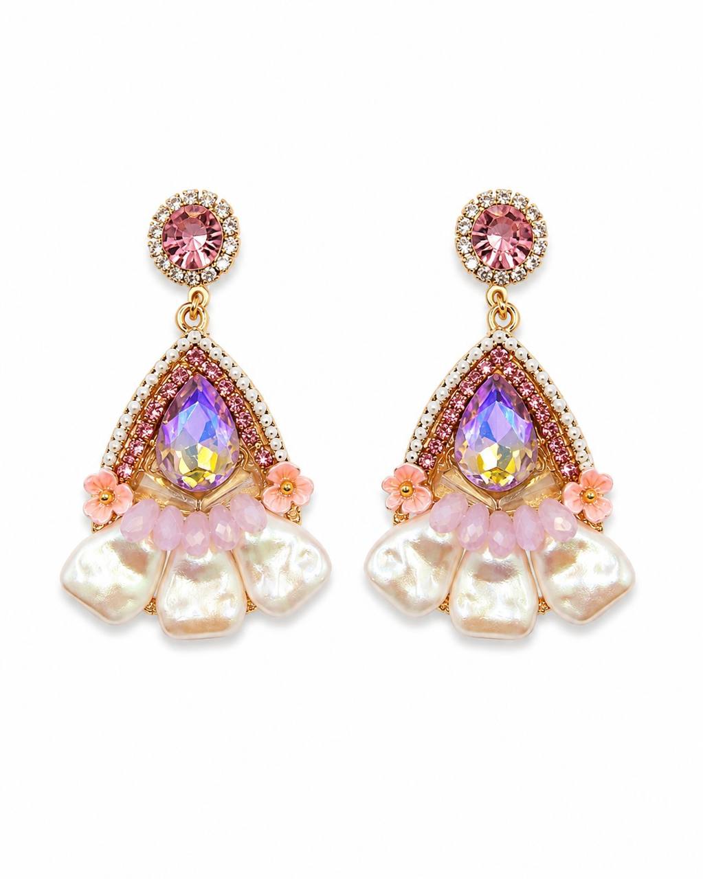 Pembe Kristal Taşlı İnci Detaylı Sallantılı Küpe