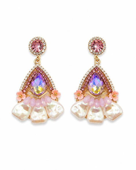Pembe Kristal Taşlı İnci Detaylı Sallantılı Küpe