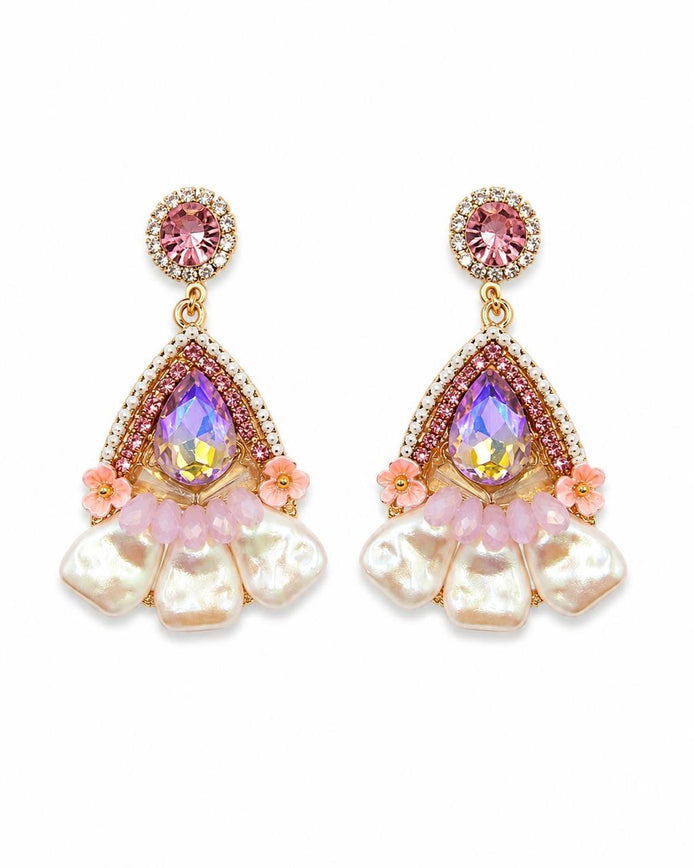 Pembe Kristal Taşlı İnci Detaylı Sallantılı Küpe
