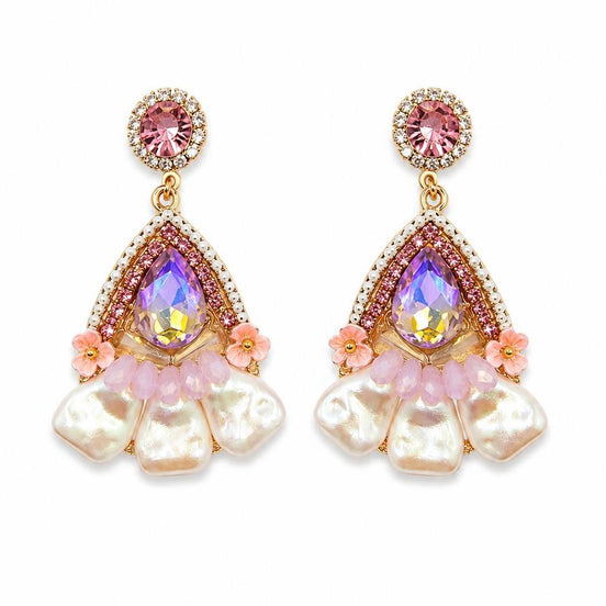 Pembe Kristal Taşlı İnci Detaylı Sallantılı Küpe