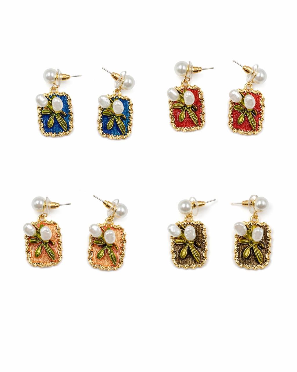 İnci Detaylı Çiçek Motifli Vintage Sallantılı Küpe