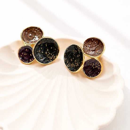 Mermer Desenli Gold Detaylı Geometrik Küpe