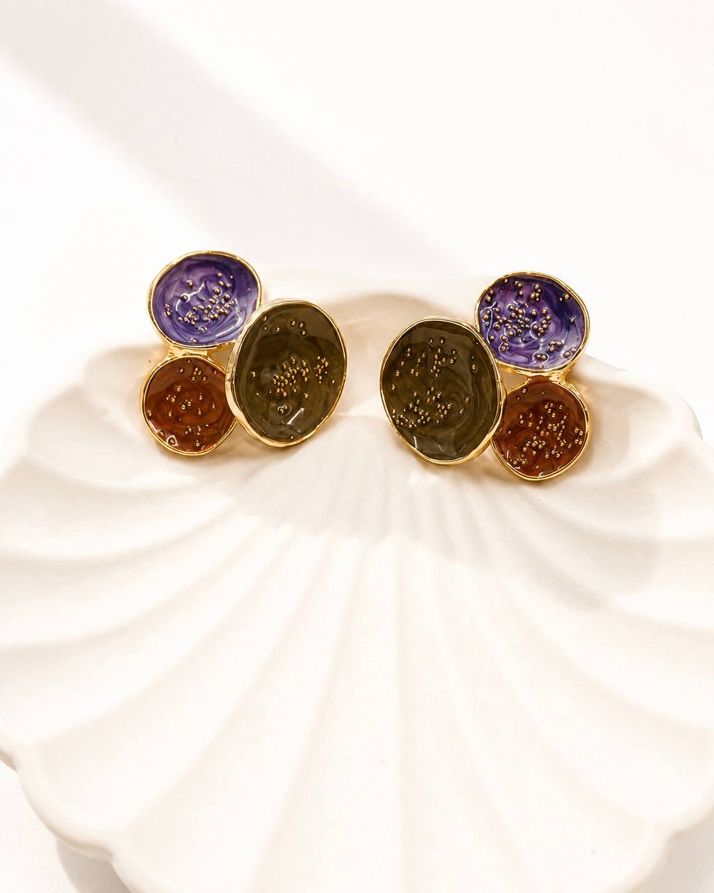Mermer Desenli Gold Detaylı Geometrik Küpe
