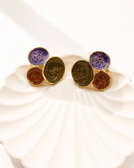 Mermer Desenli Gold Detaylı Geometrik Küpe