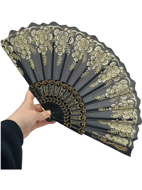 Siyah Altın Dantel Katlanır Yelpaze 26 cm – Zarif Vintage Çiçekli Yelpaze